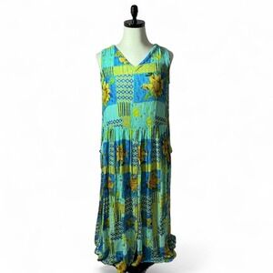 BILA Floral Patchwork Maxi Dress Sleeveless Blue‎ Yellow Rayon Bohemian